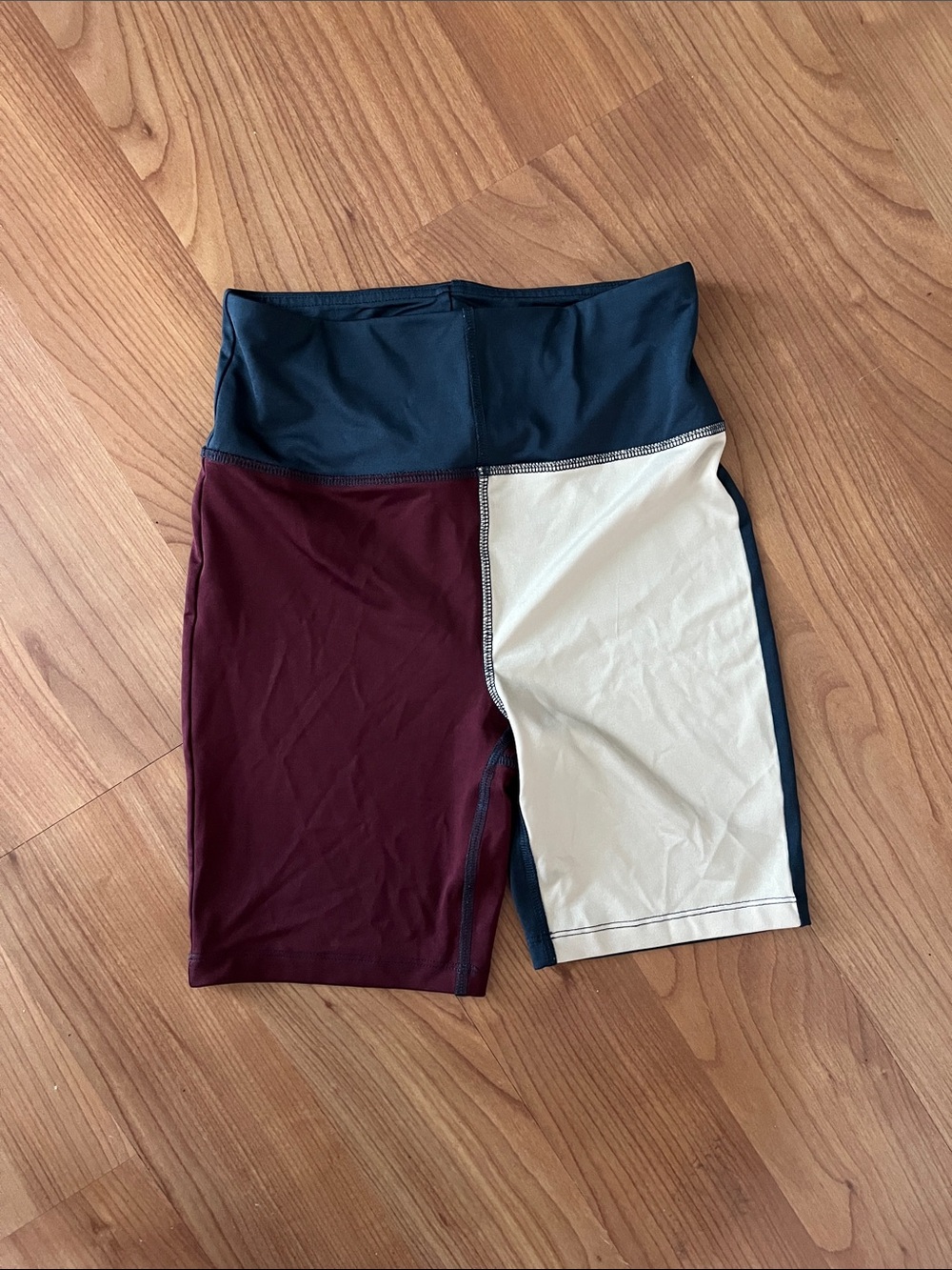 Forever 21 Colorblock High-Waist Bike Shorts - Burgundy, Cream & Navy